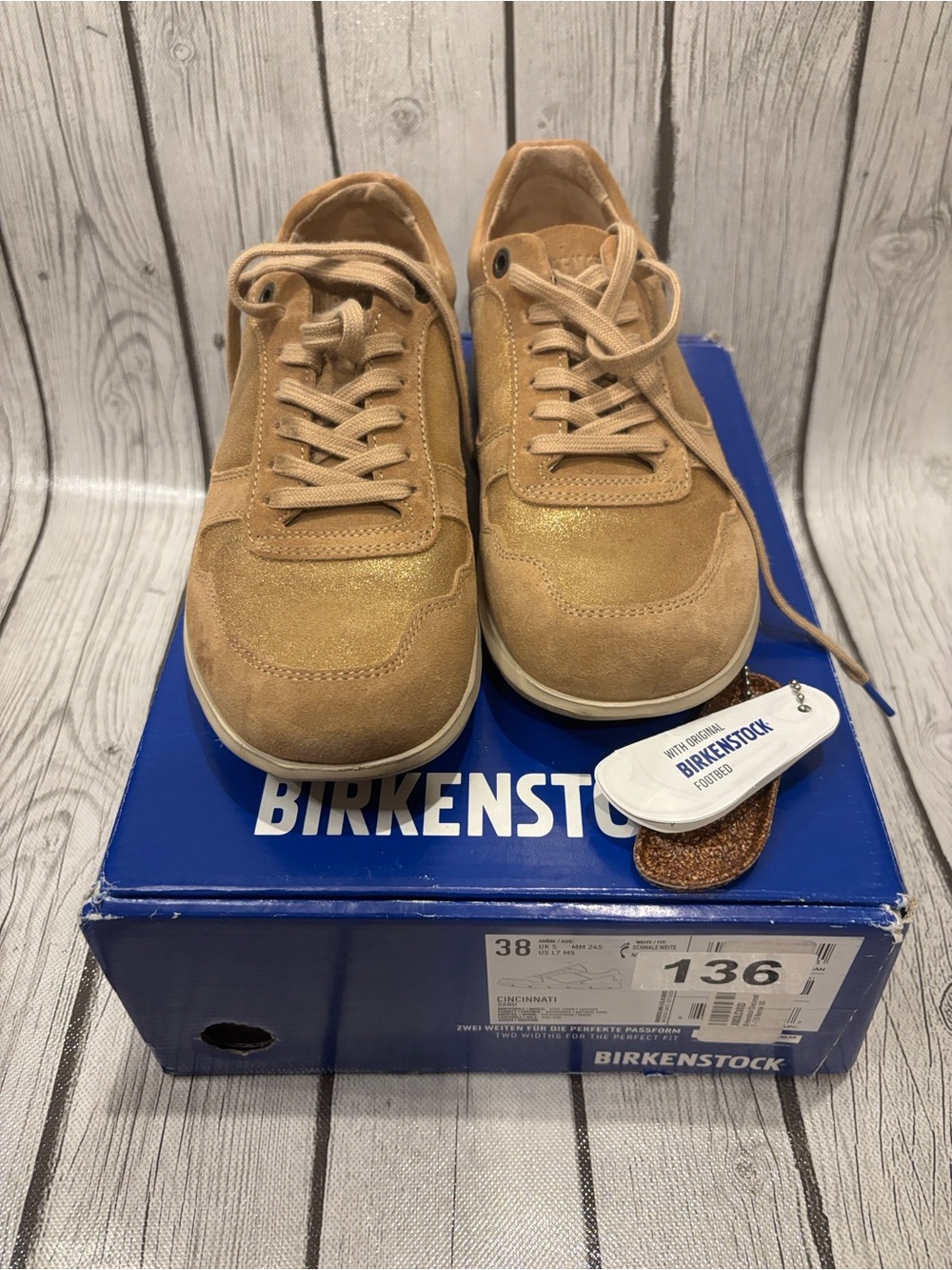 Birkenstock women’s size 38 narrow or ladies 7/men 5 Tan/gold Sneakers